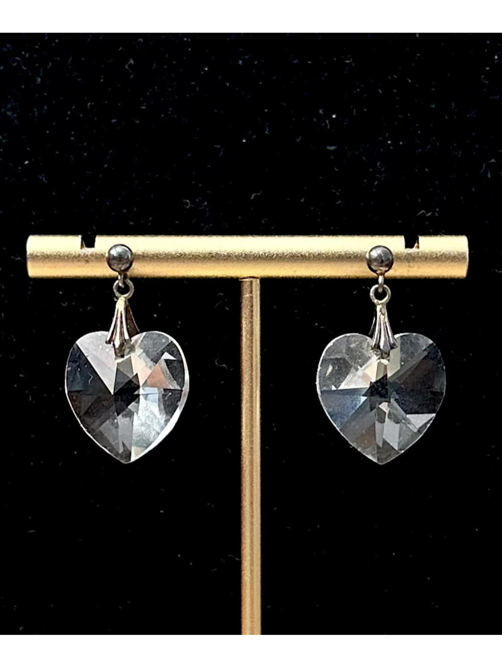 Vintage Sterling Silver & Clear Cut Glass Heart Pierced Dangle Earrings